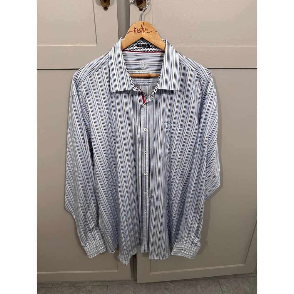Bugatchi Uomo Mens Classic Fit Blue White Striped Cotton Button Down Shirt XXL